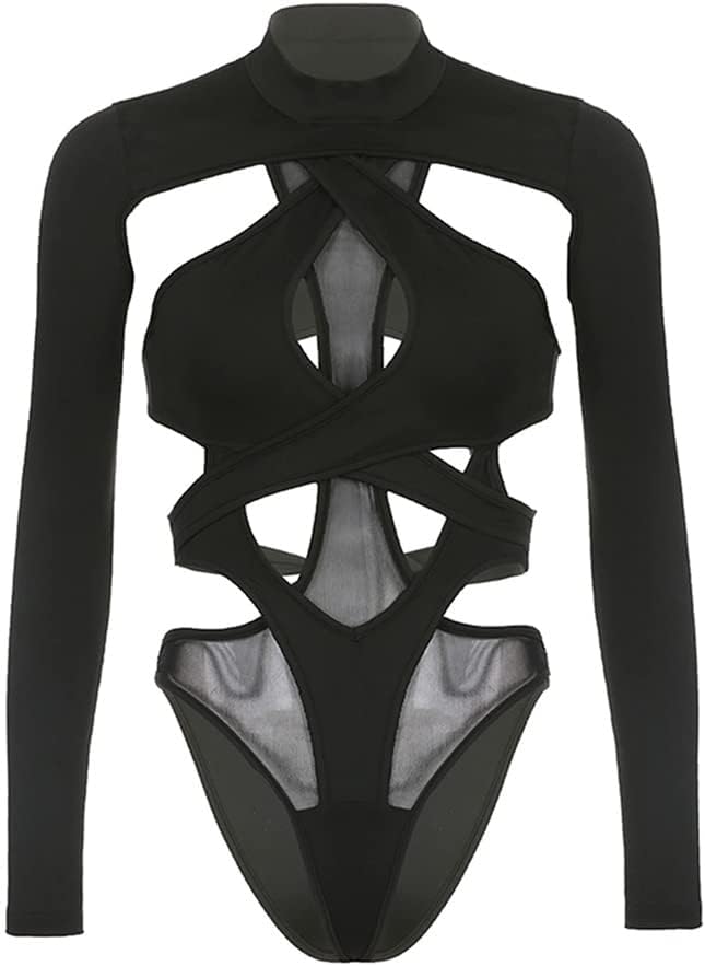 Generisk damer sexig ihålig out bodysuit långärmad svart party klubb rave festival techwear outfit
