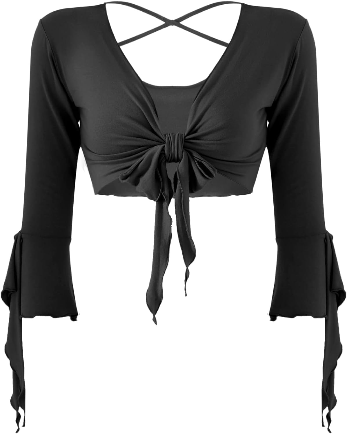 inlzdz Dam magdans topp 3/4 ärmar magfri blus topp cardigan med tofsar långärmad bolero Shrug topp rygglös crop top axeljacka festlig magdans kostym
