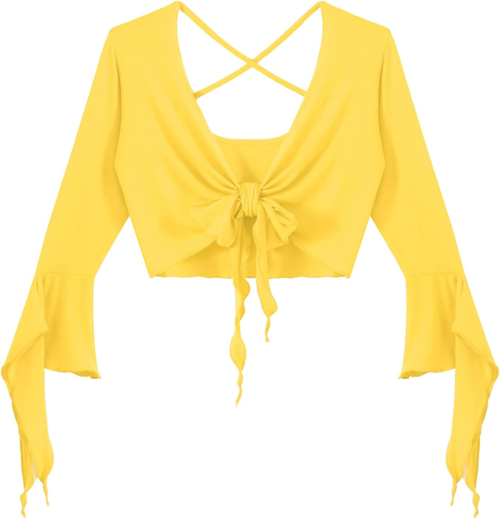 inlzdz Dam magdans topp 3/4 ärmar magfri blus topp cardigan med tofsar långärmad bolero Shrug topp rygglös crop top axeljacka festlig magdans kostym