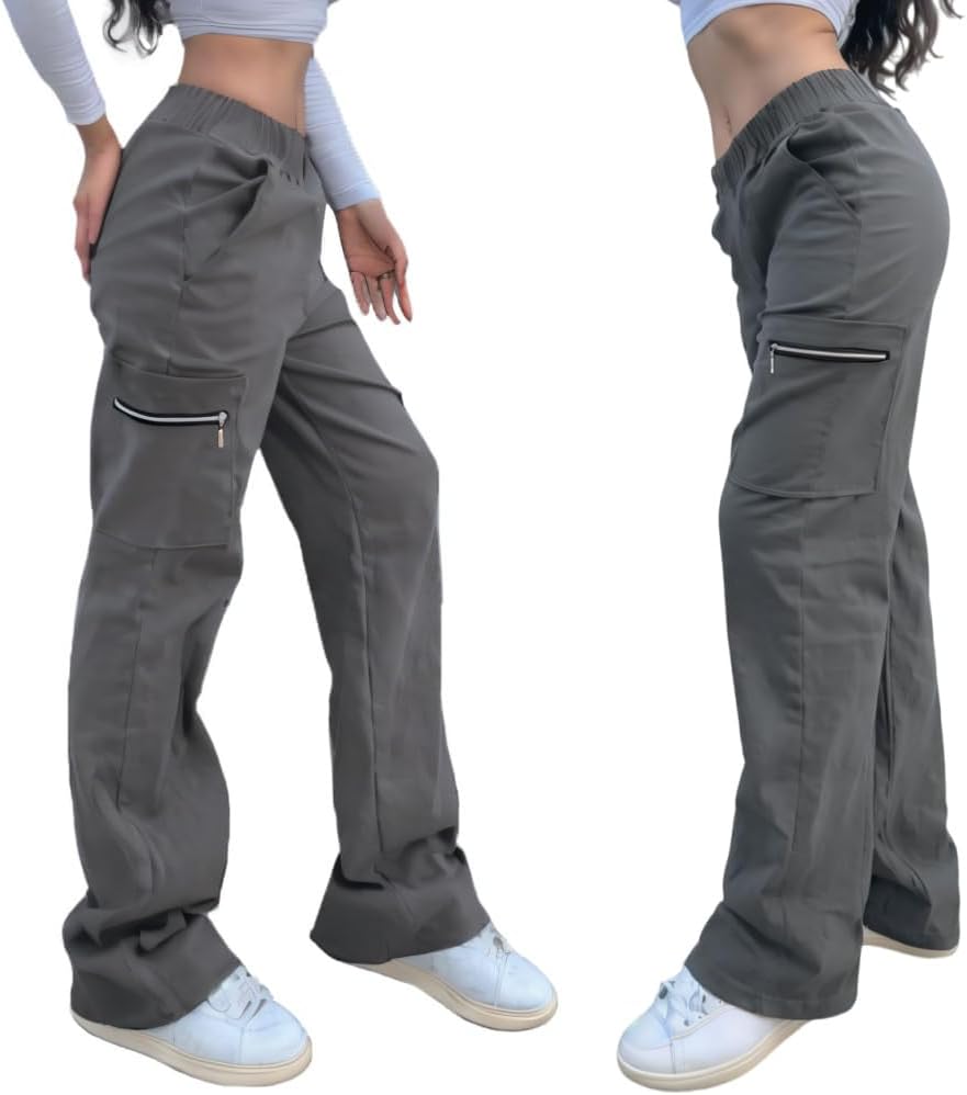 Nuofengkudu Dam breda ben stridsbyxor med blixtlåsfickor stretch hög midja arbete långa byxor lös passform loungekläder Y2K tonårstjejer streetwear ledig