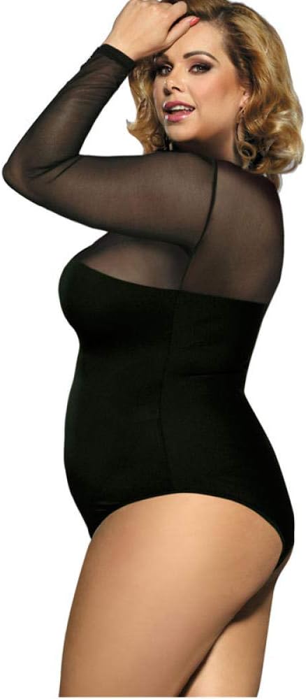 N/X Sexig Svart Spets Bodysuit Plus Size Långärmad Bodysuit Transparent Romper Dam Transparent Mesh Bodysuit