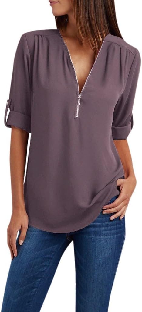 chiffongblus stora storlekar, toppar damer sommar elegant löst sittande blus damer lång damblus med dragkedja topp sommar damer t-shirt damer elegant sexig damer långärmad/kortärmad basic