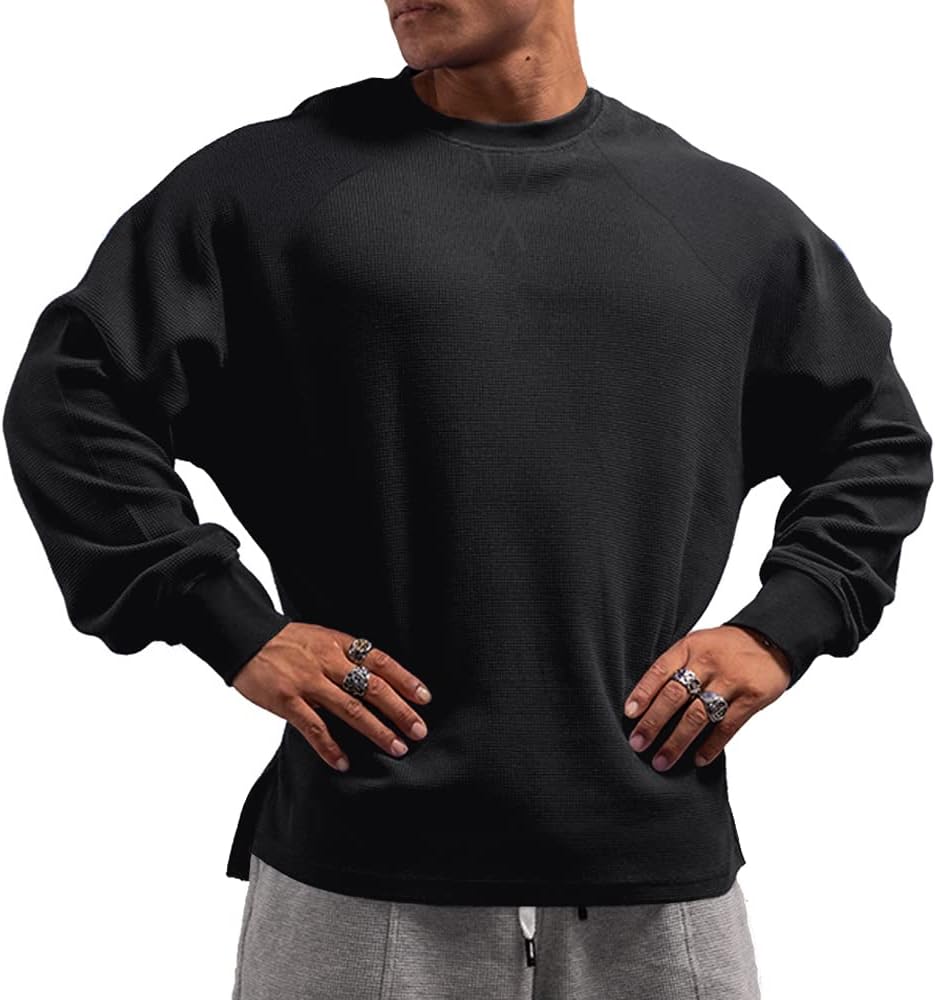 Muscle Alive Basic långärmad våffeltröja för män lös passform träning pullover rund hals skjorta