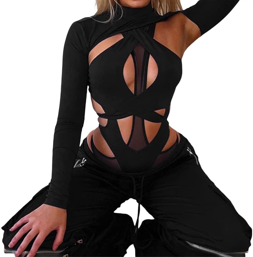 Generisk damer sexig ihålig out bodysuit långärmad svart party klubb rave festival techwear outfit
