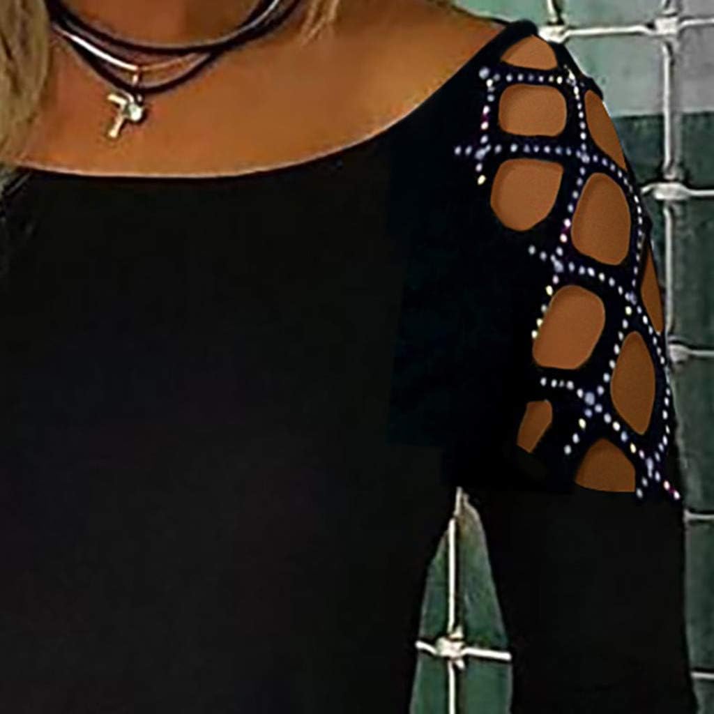 Kanpola sweatshirt damer glänsande diamant långärmad blusskjorta vår sommar toppar tunika toppar sexig ihålig tröja kvinnor skjorta blus lös avslappnad t-shirt, svart, M