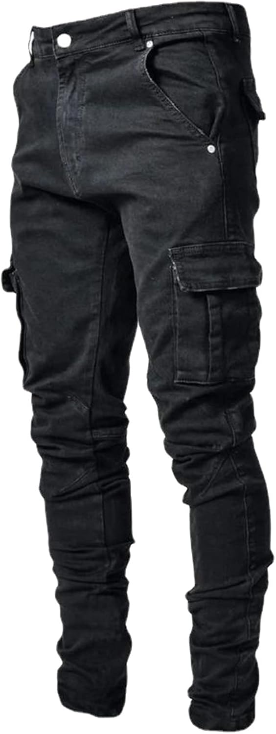Herrjeans, stretchbyxor med raka ben, slim fit, stretchiga denim, byxor för män, slim fit, cargobyxor, techwear, svart