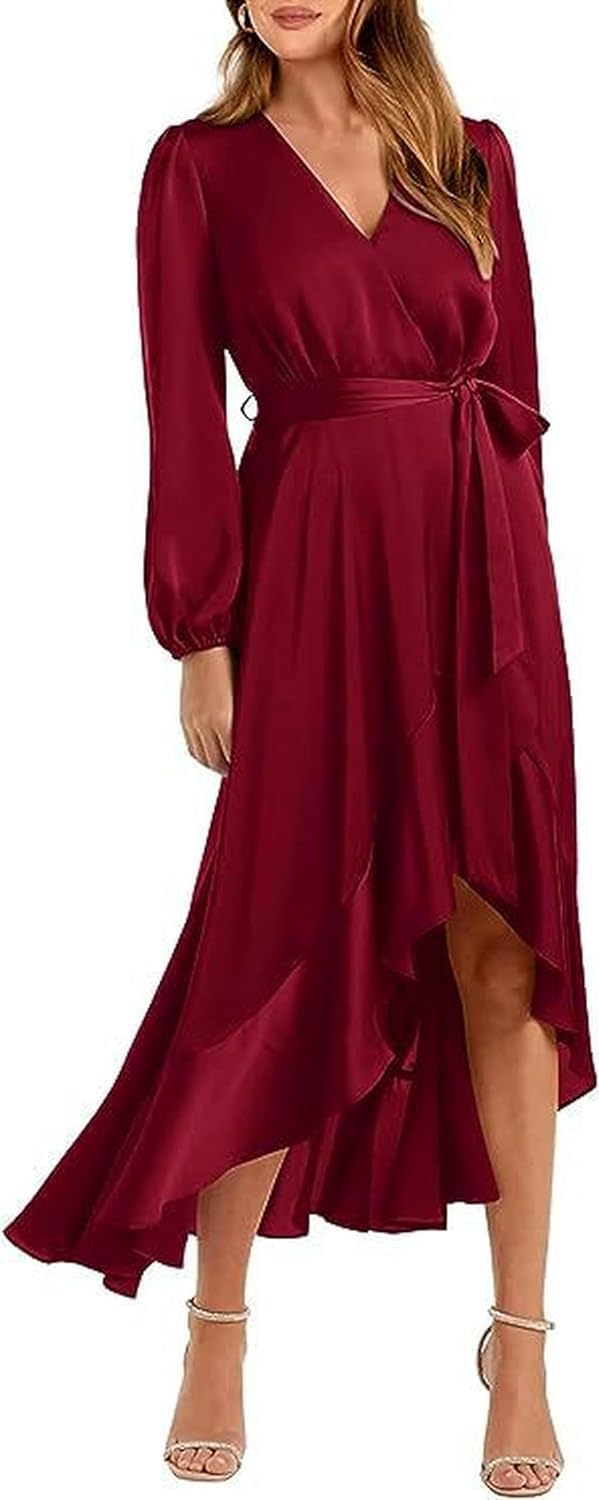 Klänning Casual Långärmad Satinklänning Med V-ringning Hög Låg Klänning Volang Fåll, Wine Red, S