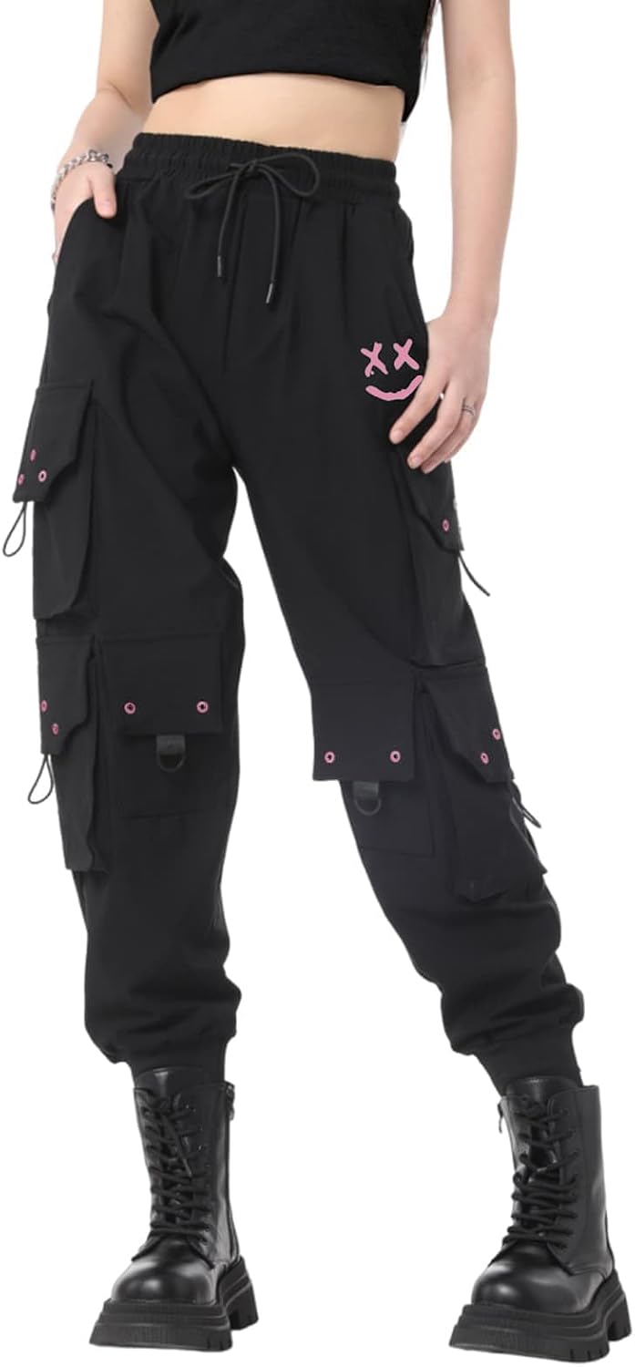 CLOAKA Cargobyxor dambyxor, joggingbyxor, hög midja, Y2k, gotiska, techwear, streetwear, cargobyxor, stretch, bekväma med elastiskt band, lös säckig utomhus, hip hop-tryck
