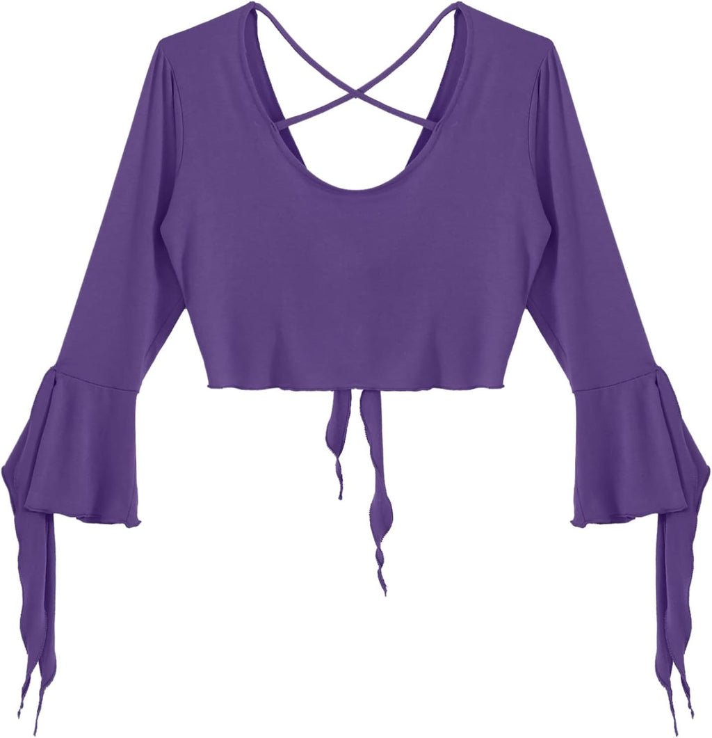 inlzdz Dam magdans topp 3/4 ärmar magfri blus topp cardigan med tofsar långärmad bolero Shrug topp rygglös crop top axeljacka festlig magdans kostym
