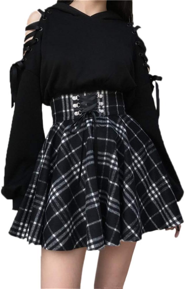 Dam rutig A-linje kjol gotisk hög midja veckad utsvängd kort mini skater-kjol