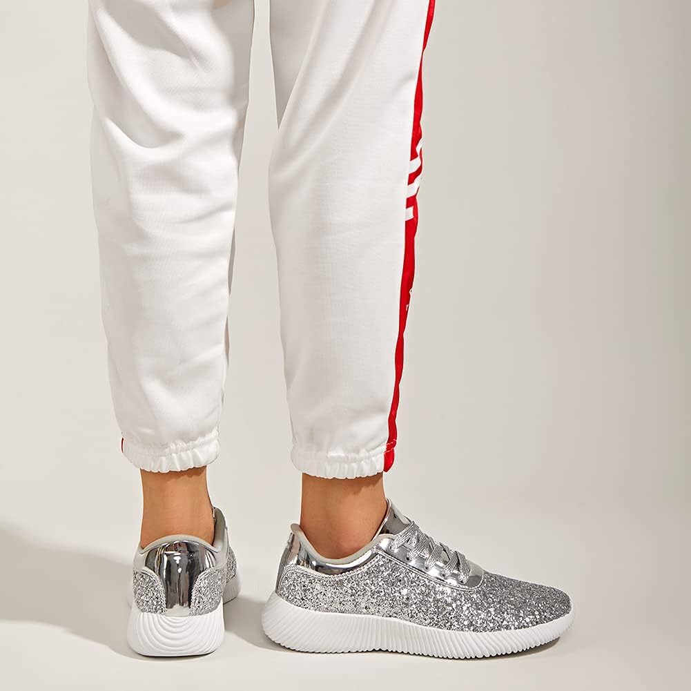 LUCKY STEP Briljanta sneakers för kvinnor med strass och metallpaljetter, lätta tennisskor