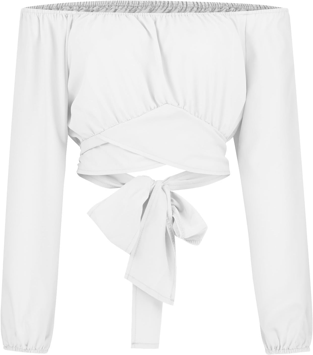 Off Shoulder Dam Crop Top Elegant Lanternärm Långärmad Rynkad Knytskärp Blus Sexy Shirt Semester Party Clubwear