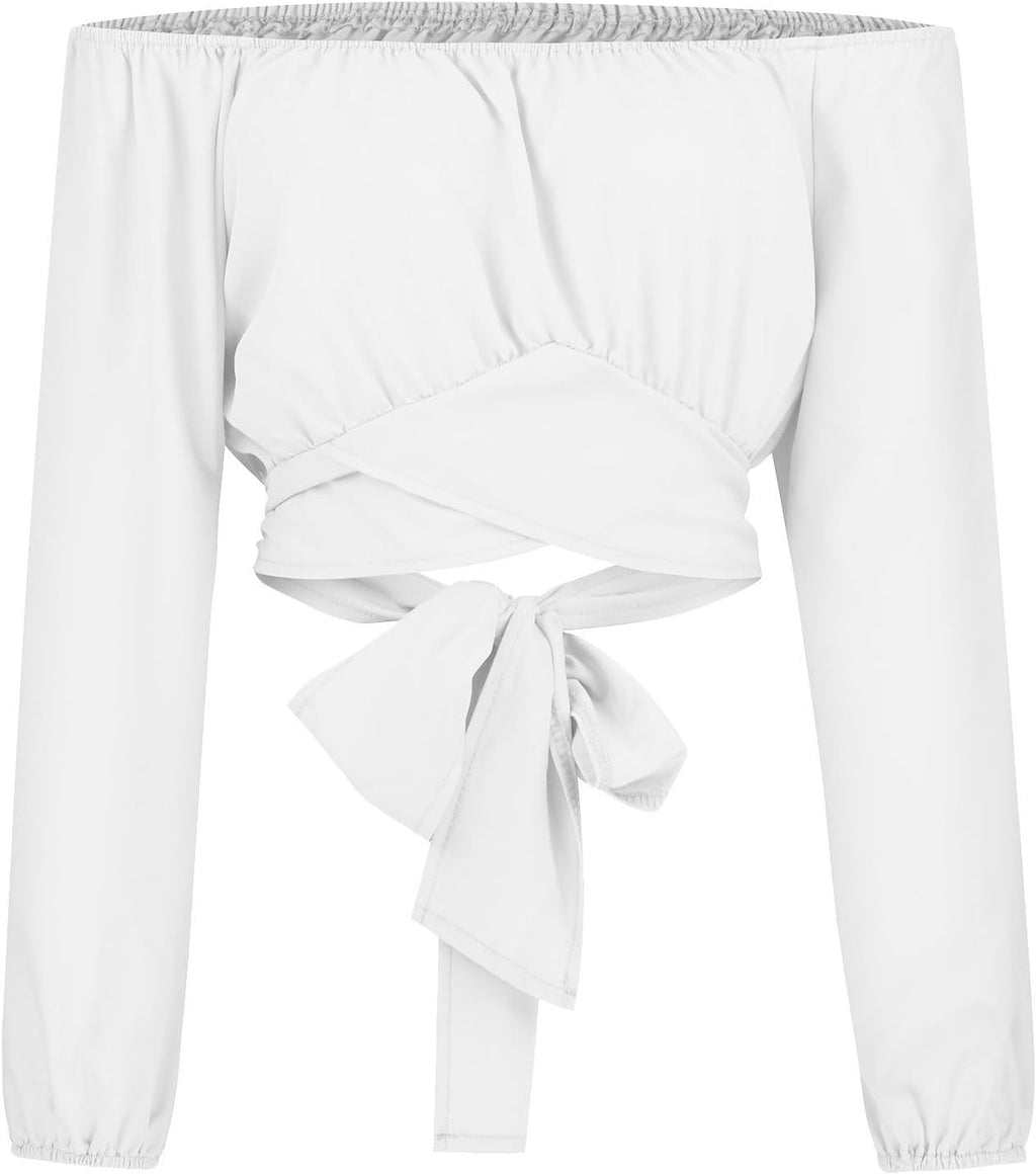 Off Shoulder Dam Crop Top Elegant Lanternärm Långärmad Rynkad Knytskärp Blus Sexy Shirt Semester Party Clubwear