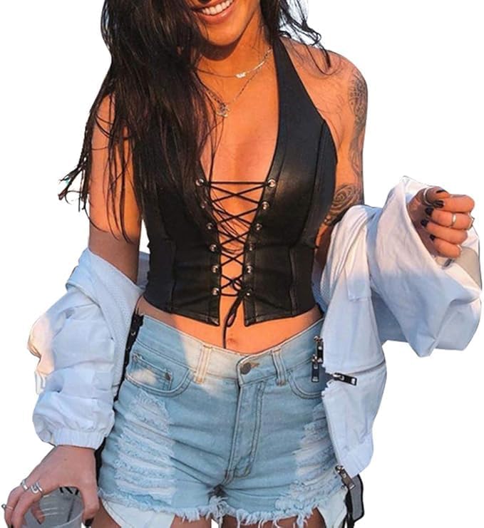 dam läder crop top – sommar topp sexig Y2K bustier topp med snörning och justerbara spagettiremmar PU-läder topp