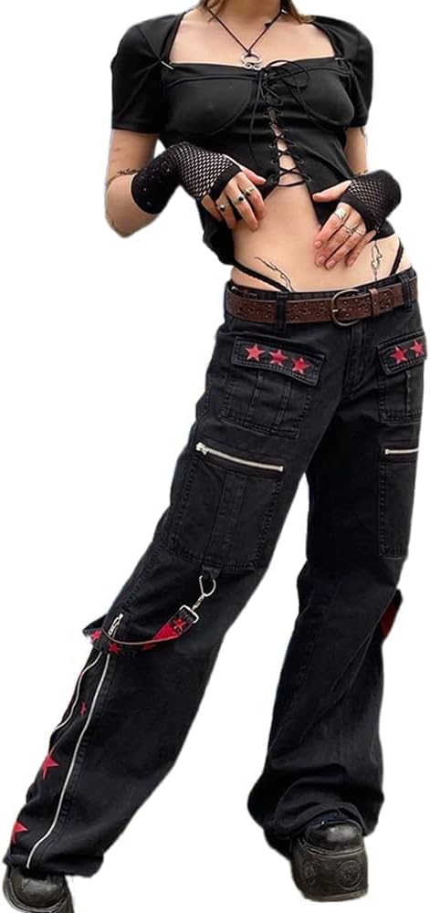 Kvinnor Y2k-jeans, gothstil, byxor i punkig emostil, säckiga, utsvängda jeans, breda ben, Harajuku grunge-byxor, hiphop-kläder