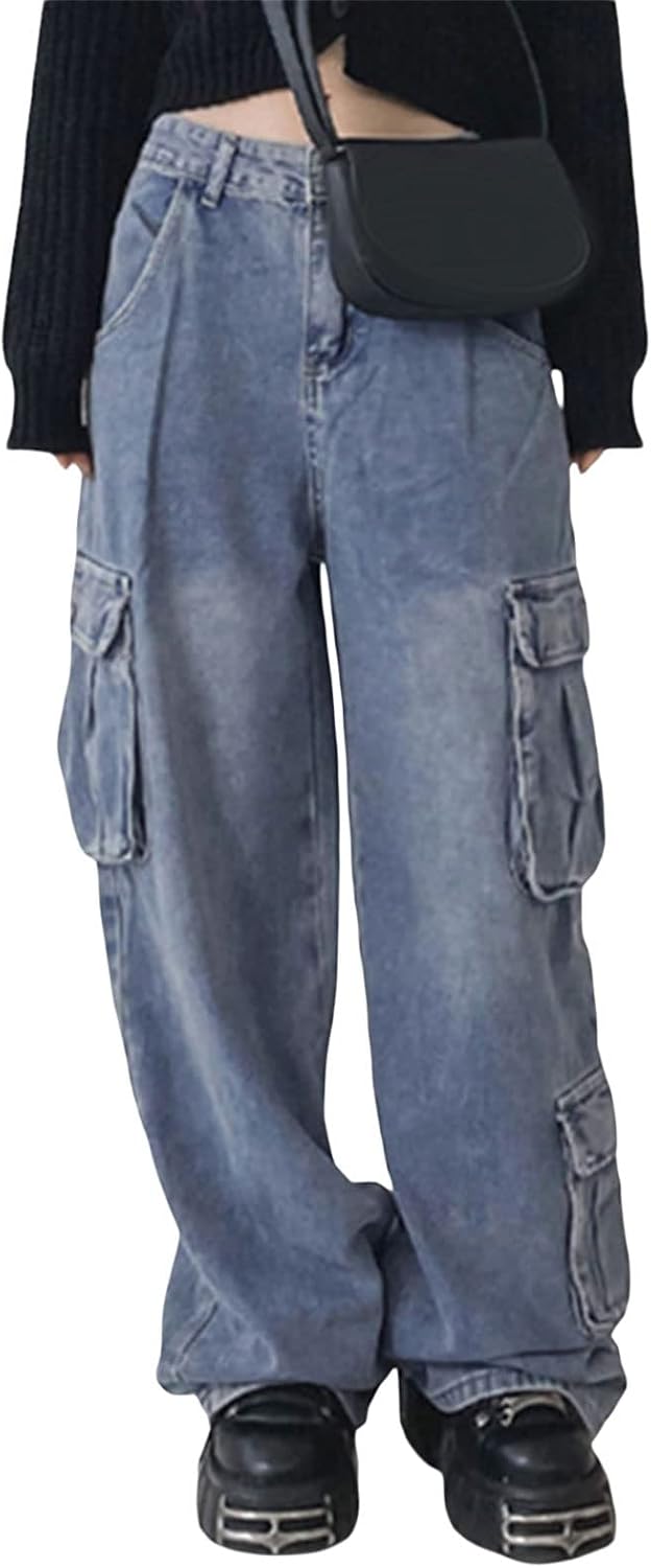 Kvinnor Y2k-jeans, gothstil, byxor i punkig emostil, säckiga, utsvängda jeans, breda ben, Harajuku grunge-byxor, hiphop-kläder