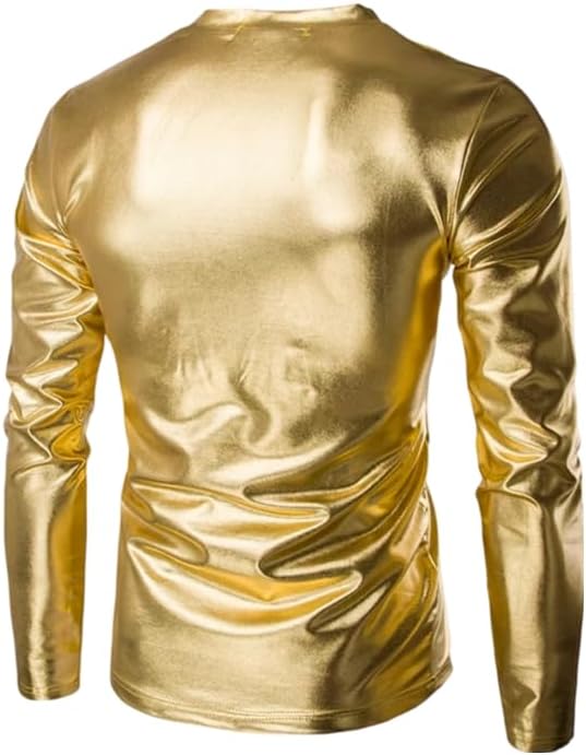 Glänsande vått utseende metalliska skjortor för män långärmad v-ringad t-shirt nattklubb scen t-shirt hiphop fest blus