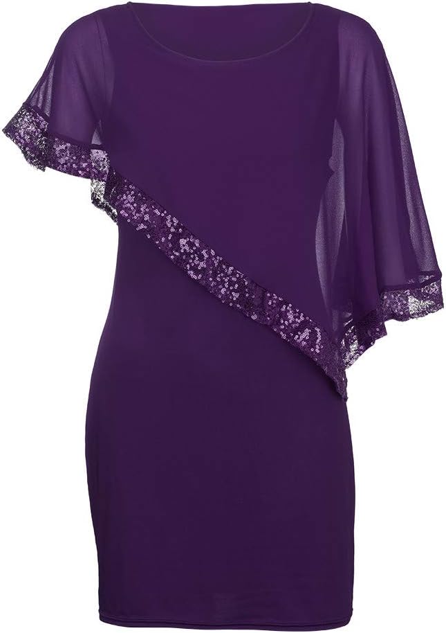 Kvinnors Sommarklänningar 2026 Kvinnor Plus Size Cold Shoulder Overlay Chiffong Axelbandslösa Paljetter Bomull Kortärmad Modeklänning