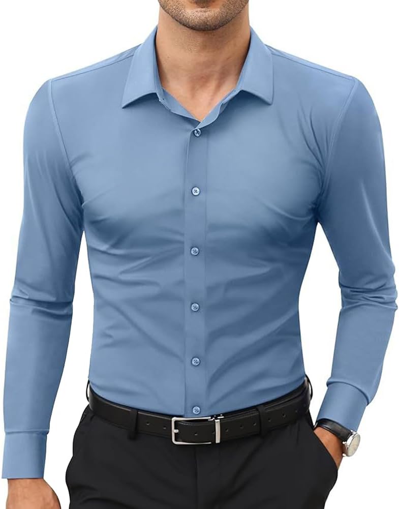 Mäns stretch 4-vägs stretchklänning skjorta skrynkelfri affärskontor långärmad knapp upp klassisk muskel passform formell bröllopsfest t-shirt