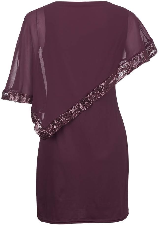 Kvinnors Sommarklänningar 2026 Kvinnor Plus Size Cold Shoulder Overlay Chiffong Axelbandslösa Paljetter Bomull Kortärmad Modeklänning