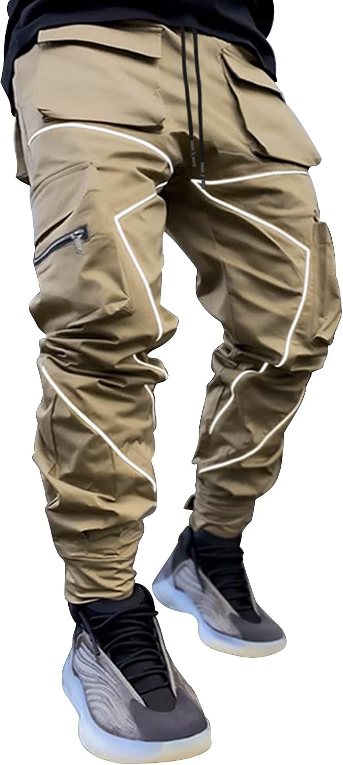 AIEOE Cargobyxor, herr, hip hop, techwear, cargobyxor med reflekterande ränder, streetwear, punkbyxor, joggingbyxor, joggingbyxor med fickor, elastisk linning