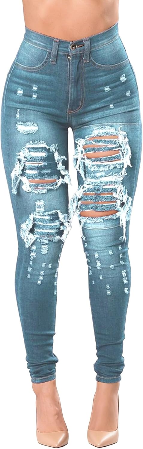 Dam Skinny förstörda rippade hål denimbyxor lång stretch pennjeans hög midja jeans
