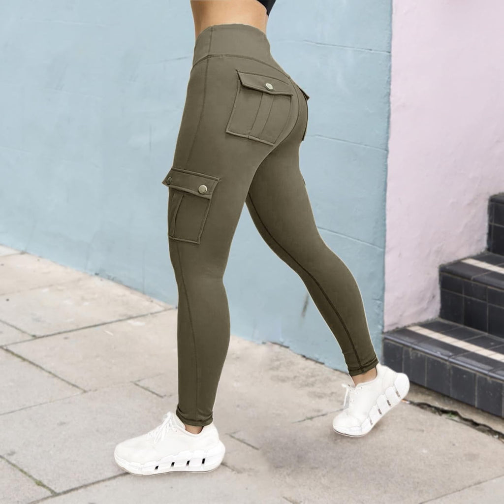 Cargo leggings med fickor dam – yogabyxor dam lång hög midja, sportbyxor hög midja booty scrunch leggings ogenomskinliga kompressionsleggings bekväma dambyxor träningsbyxor gym yoga joggingbyxor