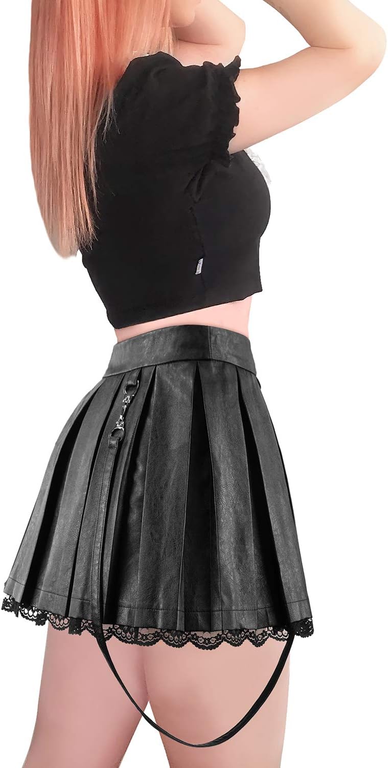 LittleForBig Damer A-linje veckad PU konstläder Flared Casual spets Mini kjol - Troublemaker