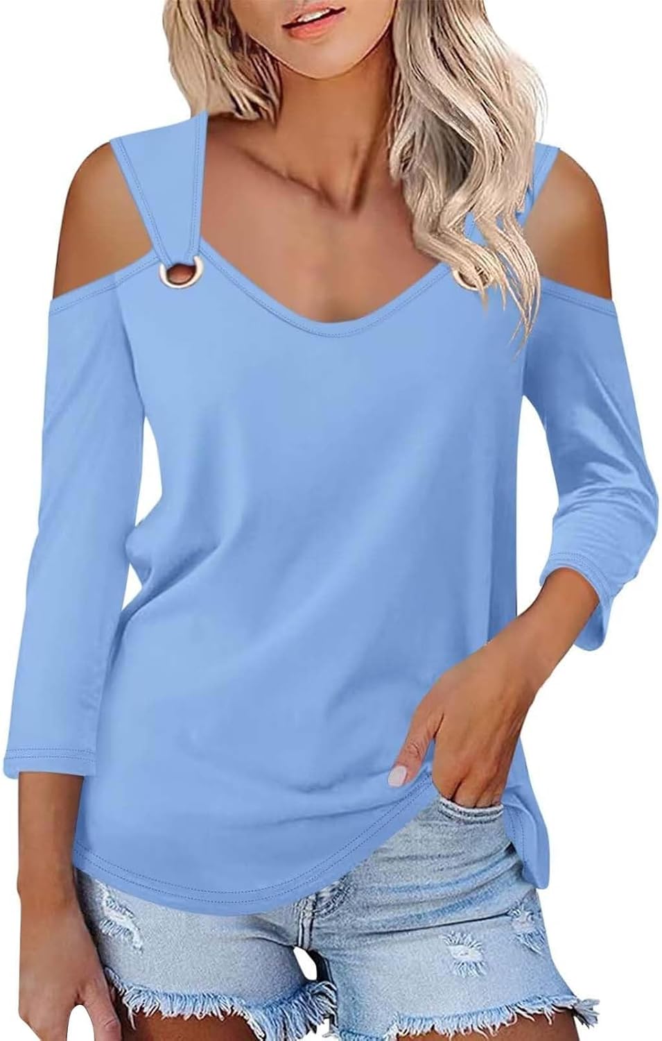 Enfärgad T-shirt för kvinnor, V-ringad och 3/4-ärmar i smal passform, sommarskjortor, topp, axellös, blustopp, toppar, eleganta fritidsskjortor, tryckt strandskjorta, t-shirt, stor storlek