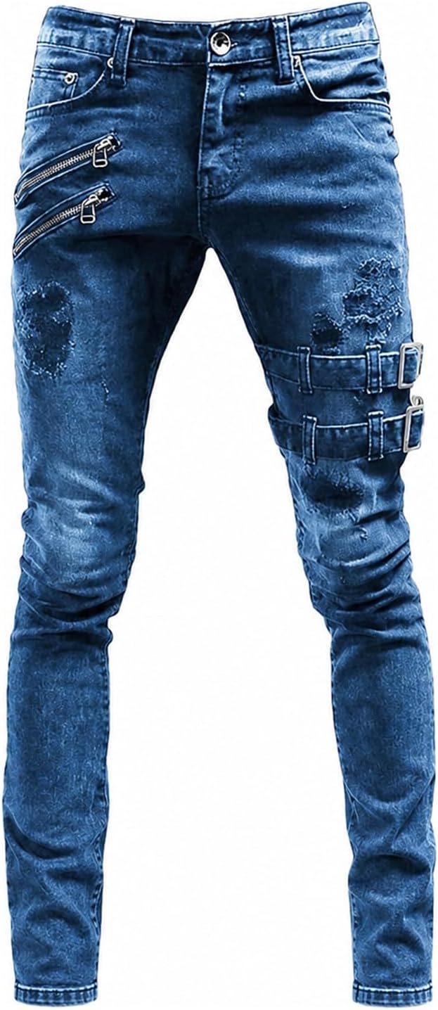 mäns motorcykel jeans dragkedja detalj stretch denimbyxor punk streetwear slim fit vardagsbyxor