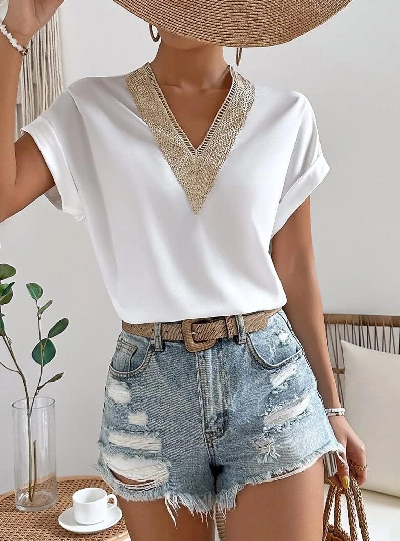 Zeagoo Dam-t-shirt, satinblus, spets, v-ringad, skjorta, eleganta blusar, kortärmad tunika, topp, lediga toppar, sommar, lösa toppar