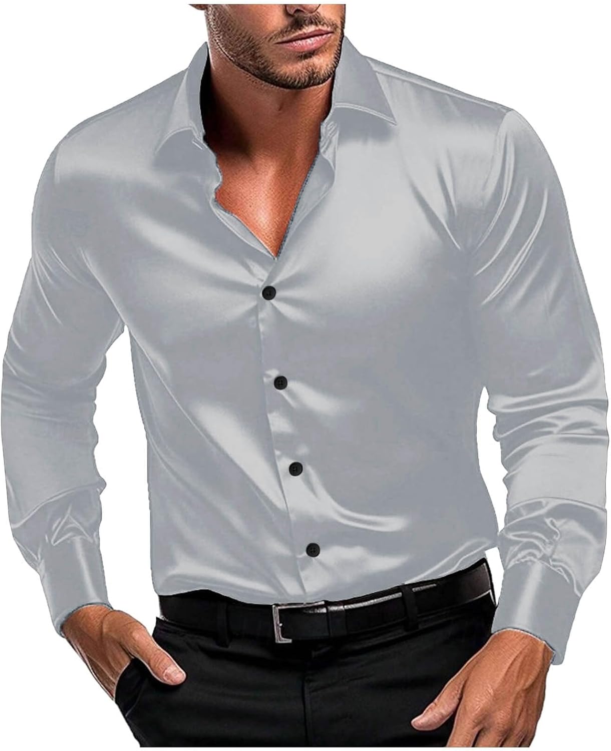 Herr lyx satinklänning skjortor glänsande siden som långärmad button down skjortor casual normal passform bröllop fest avslutningsbal toppar paljetter skjorta män