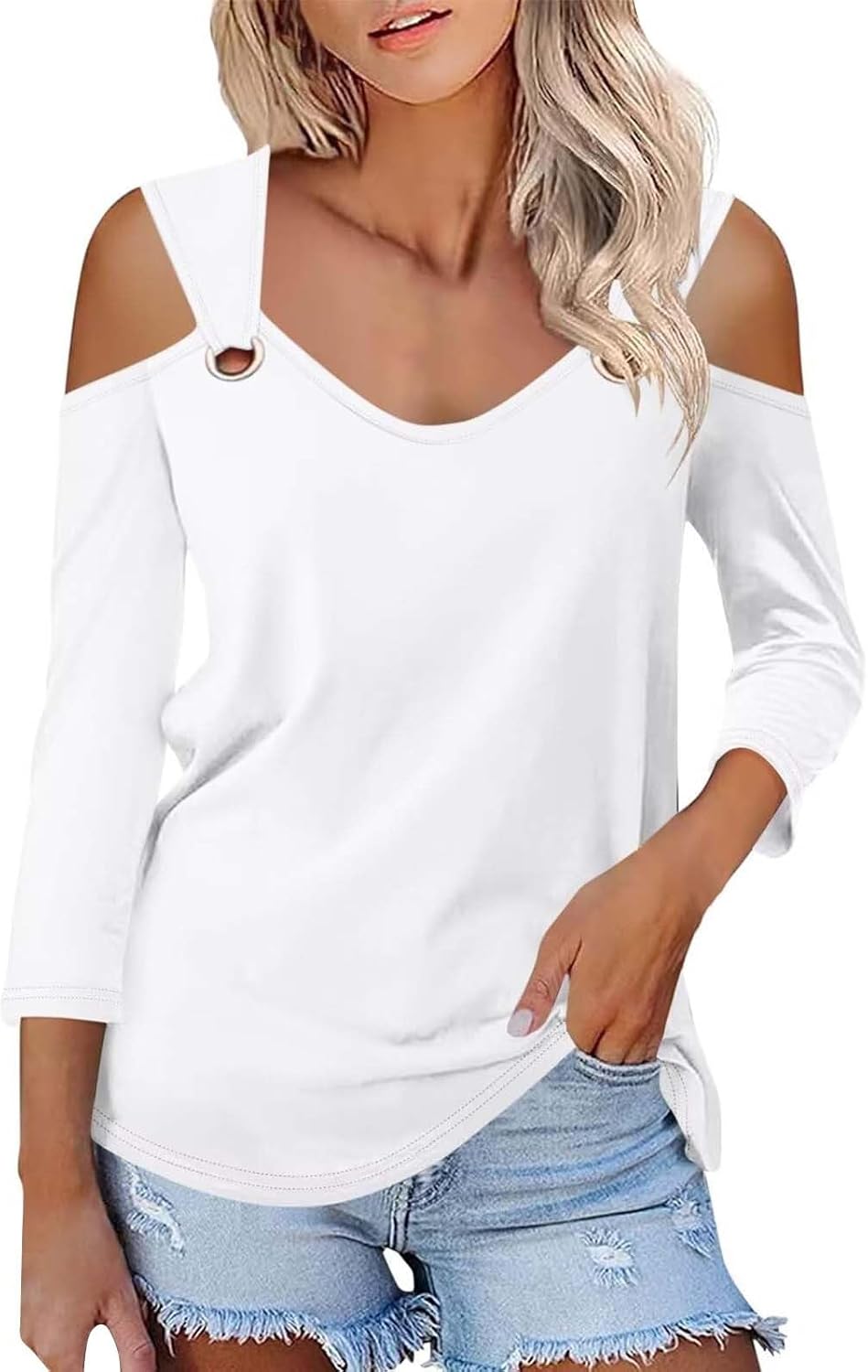 Enfärgad T-shirt för kvinnor, V-ringad och 3/4-ärmar i smal passform, sommarskjortor, topp, axellös, blustopp, toppar, eleganta fritidsskjortor, tryckt strandskjorta, t-shirt, stor storlek