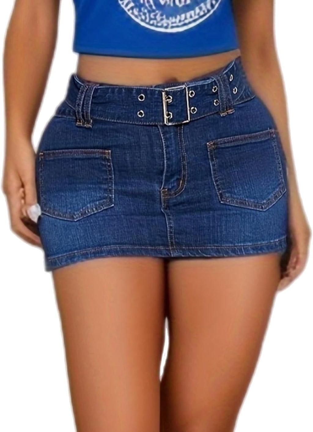 Cffvdiz Dam Sexig Mini Denim Kjol Y2K Låg Rise Bodycon Jean Kort Kjolar med Bälte