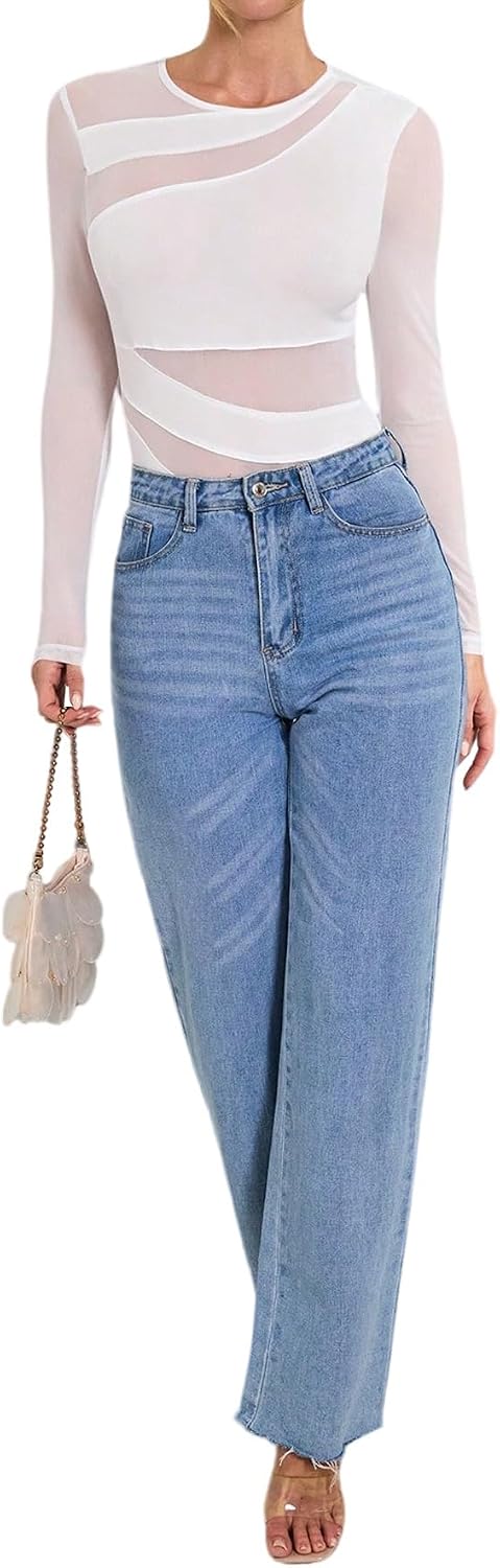 GORGLITTER Dambodysuit, elegant bodysuit, med genomskinligt nät, överdel, långärmad, bodys, nätskjorta, höst, festival, outfit