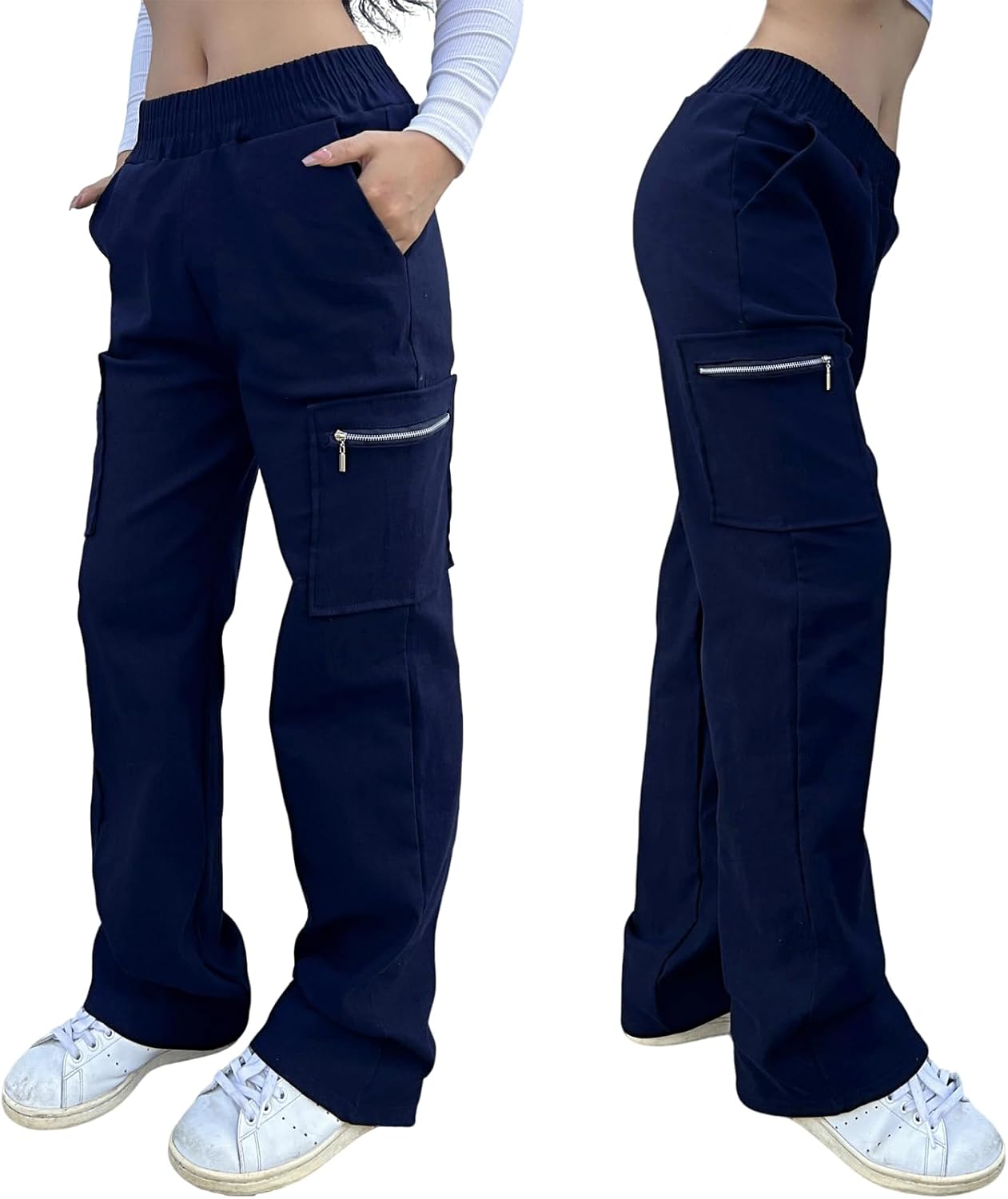 Nuofengkudu Dam breda ben stridsbyxor med blixtlåsfickor stretch hög midja arbete långa byxor lös passform loungekläder Y2K tonårstjejer streetwear ledig