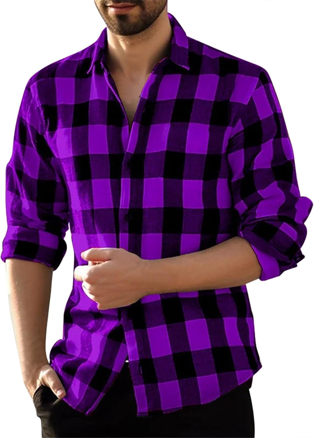 Långärmad vardaglig rutig flanellskjorta, rutig tartan button-down-skjortor för män nedfällbar krage mode avslappnad skjorta med knappar urban stilren herr toppar avslappnad smart långärmad