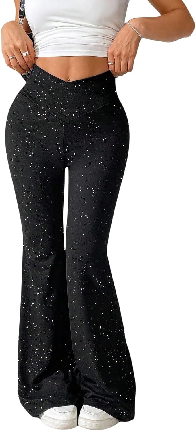 SOLY HUX Festival outfit byxor dam stora storlekar byxor eleganta glitter utsvängda byxor hög midja festbyxor dansbyxor fritidsbyxor