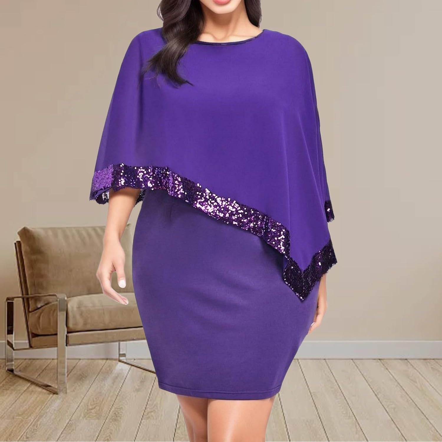 Kvinnors Sommarklänningar 2026 Kvinnor Plus Size Cold Shoulder Overlay Chiffong Axelbandslösa Paljetter Bomull Kortärmad Modeklänning