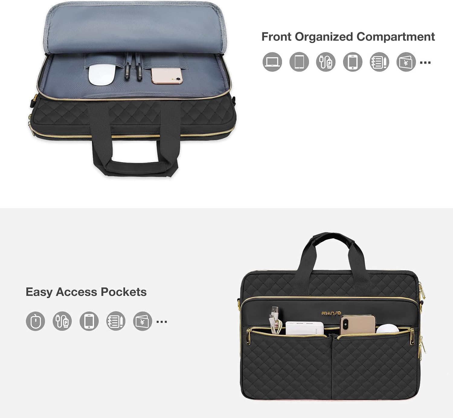 MOSISO Laptopväska, laptopväska, axelväska, dam, portfölj, handväska, kvadratisk quiltad laptopväska, axelväska, kontor, resor, affärer med 3 fickor och remmar