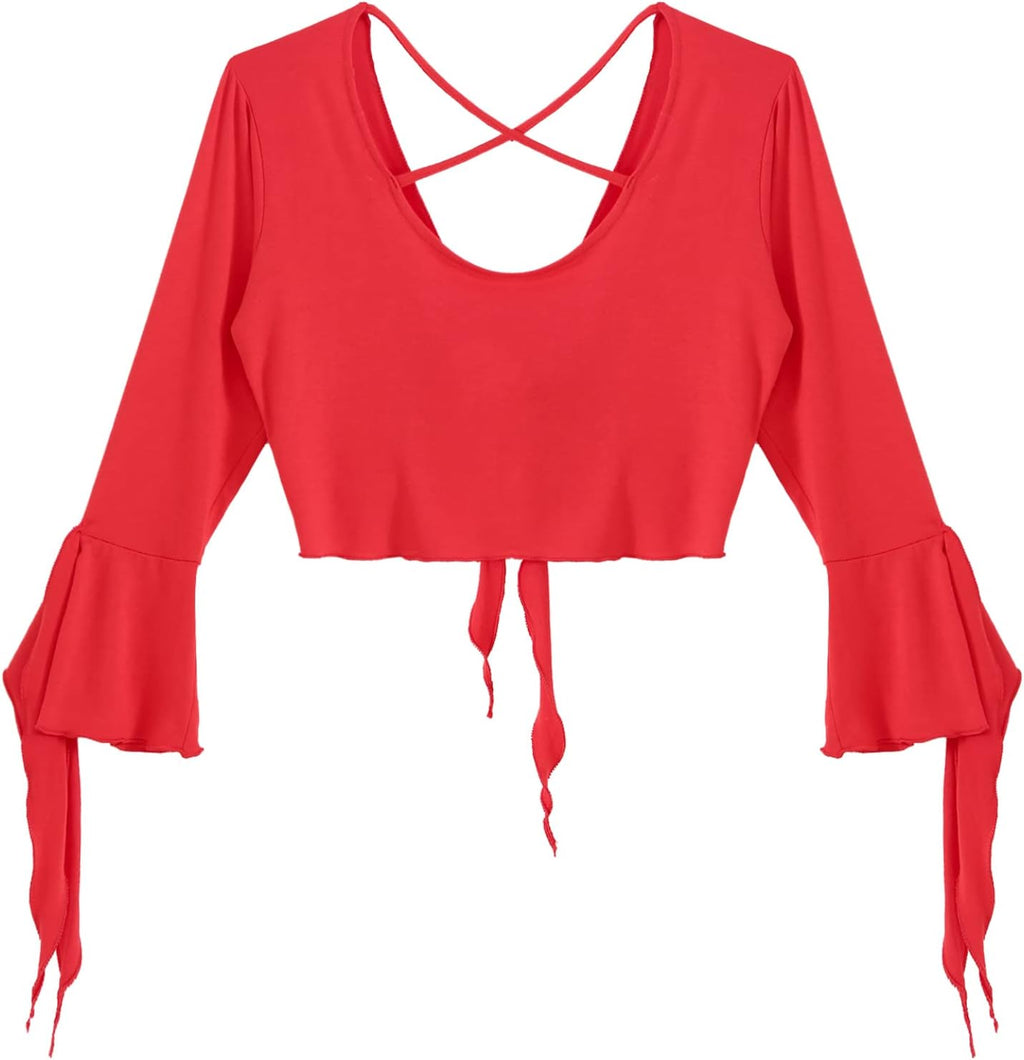inlzdz Dam magdans topp 3/4 ärmar magfri blus topp cardigan med tofsar långärmad bolero Shrug topp rygglös crop top axeljacka festlig magdans kostym