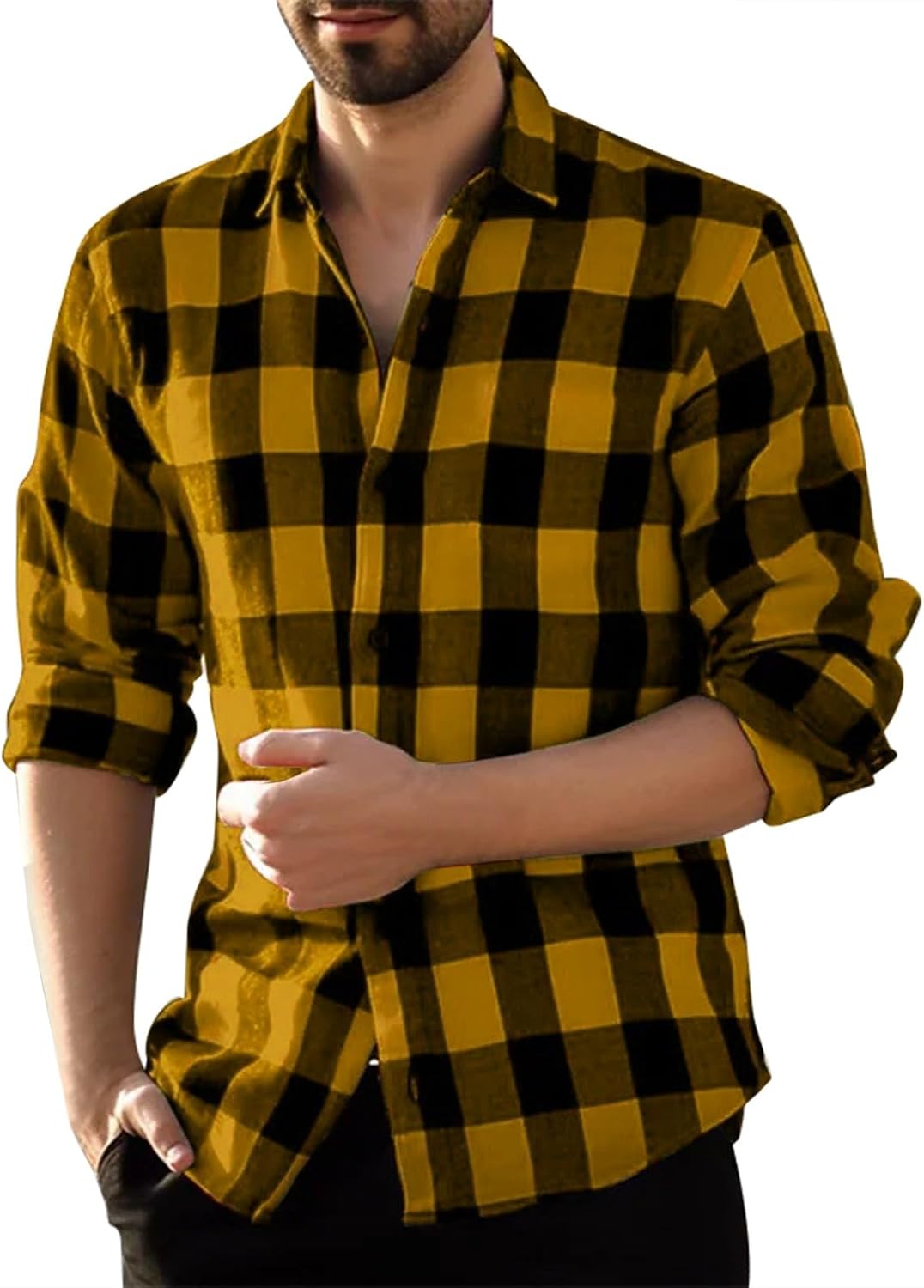 Långärmad vardaglig rutig flanellskjorta, rutig tartan button-down-skjortor för män nedfällbar krage mode avslappnad skjorta med knappar urban stilren herr toppar avslappnad smart långärmad