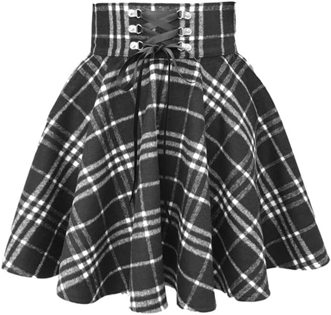 Dam rutig A-linje kjol gotisk hög midja veckad utsvängd kort mini skater-kjol