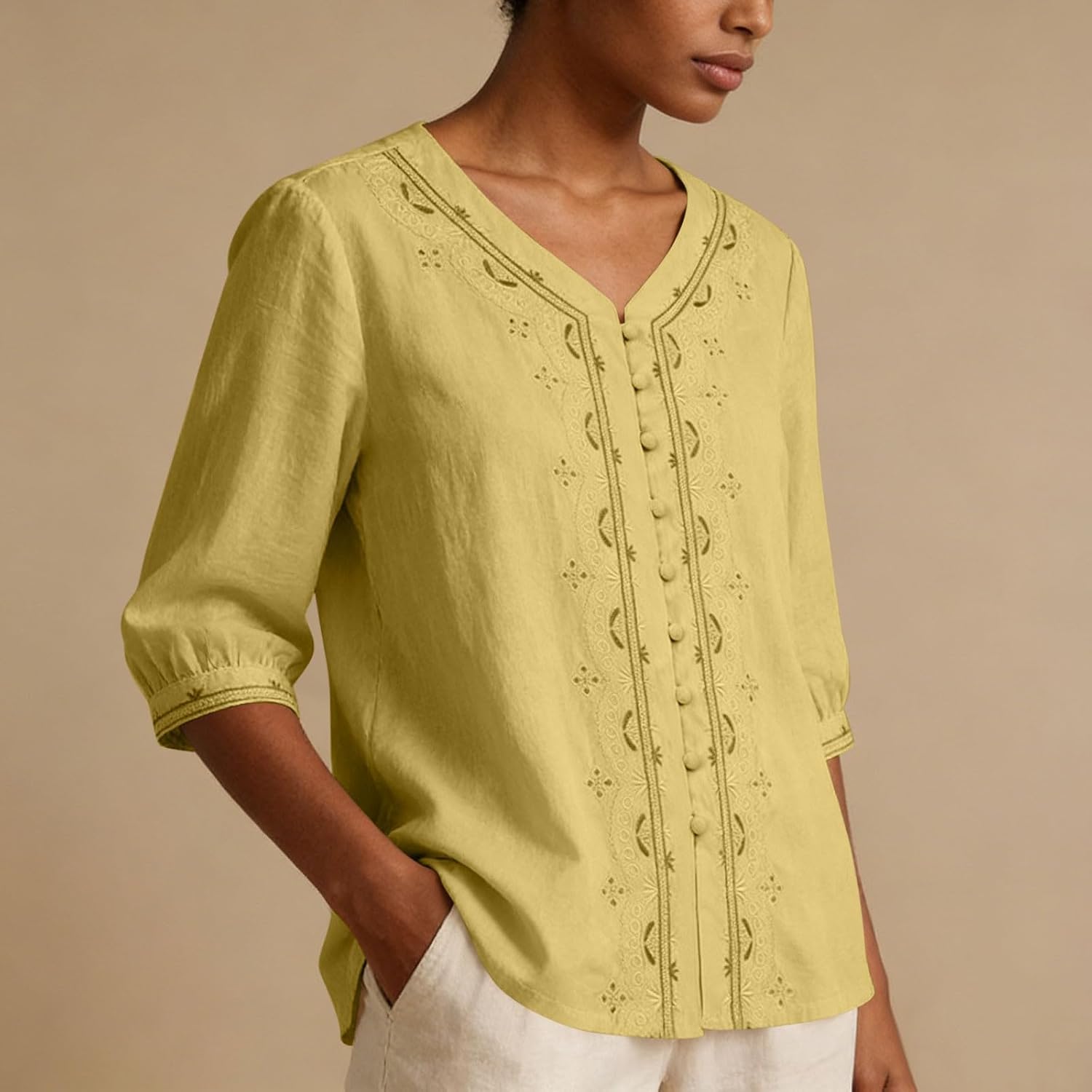 Kvinnors boho toppar bomull linne halvärm v-ringad retro broderade skjortor groda knapp kinesisk stil skjorta damer lös ledig sommar topp