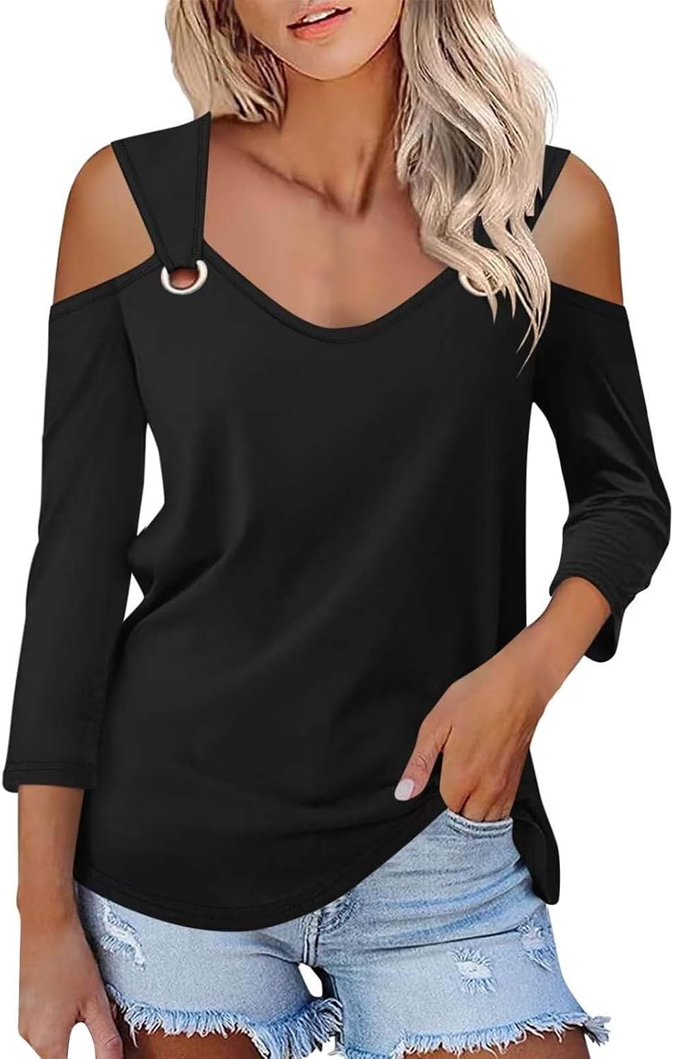 Enfärgad T-shirt för kvinnor, V-ringad och 3/4-ärmar i smal passform, sommarskjortor, topp, axellös, blustopp, toppar, eleganta fritidsskjortor, tryckt strandskjorta, t-shirt, stor storlek