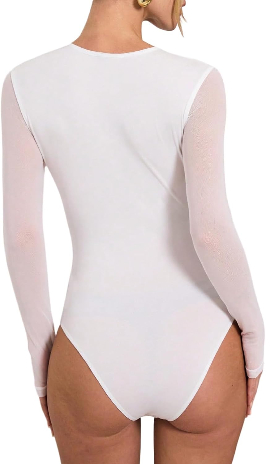 GORGLITTER Dambodysuit, elegant bodysuit, med genomskinligt nät, överdel, långärmad, bodys, nätskjorta, höst, festival, outfit