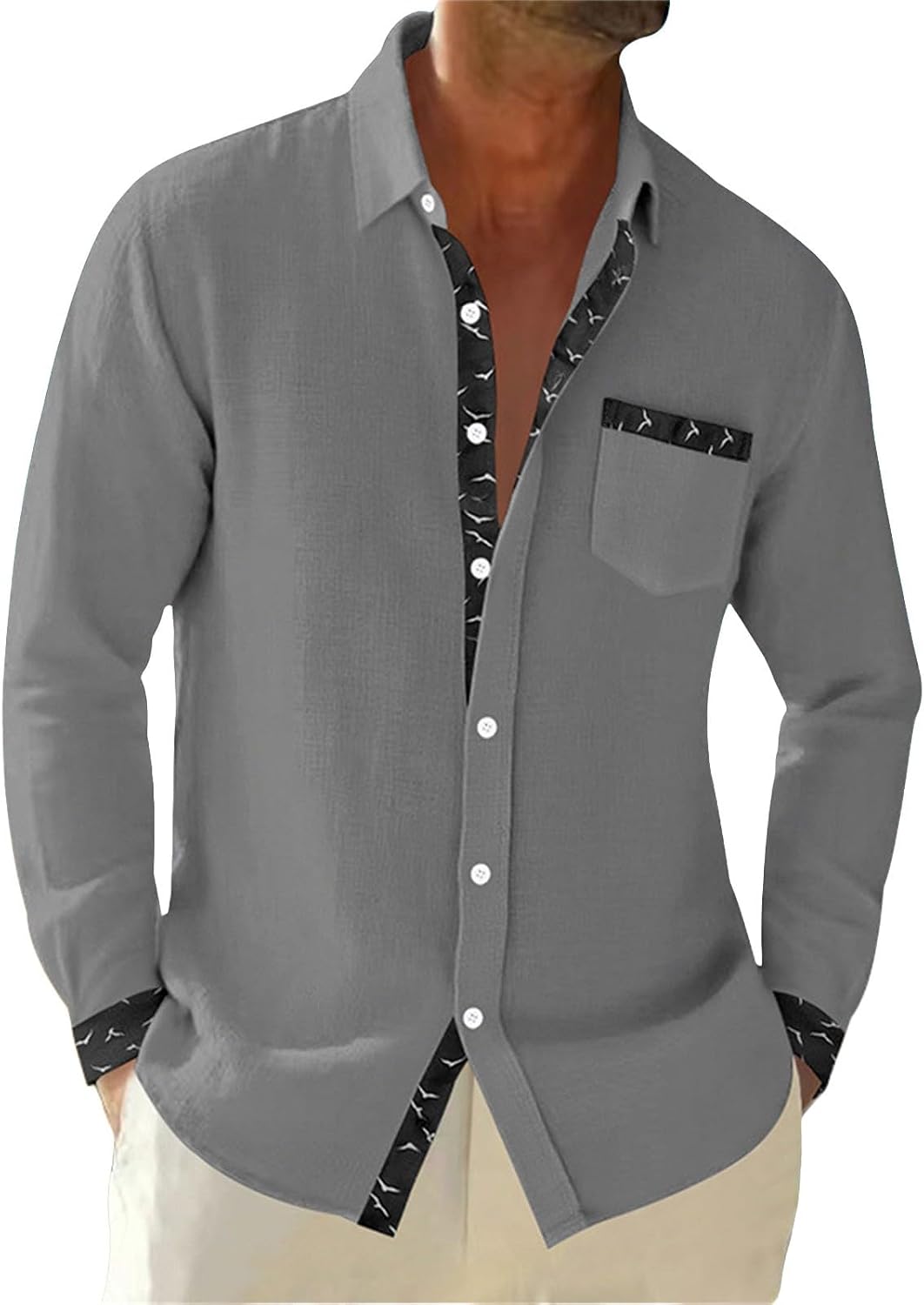 Herrskjorta linne hawaiiansk skjorta herr andningsbar skjorta långärmad chic skjorta överdimensionerad sommartopp med krage ledig minimalistisk baggy topp