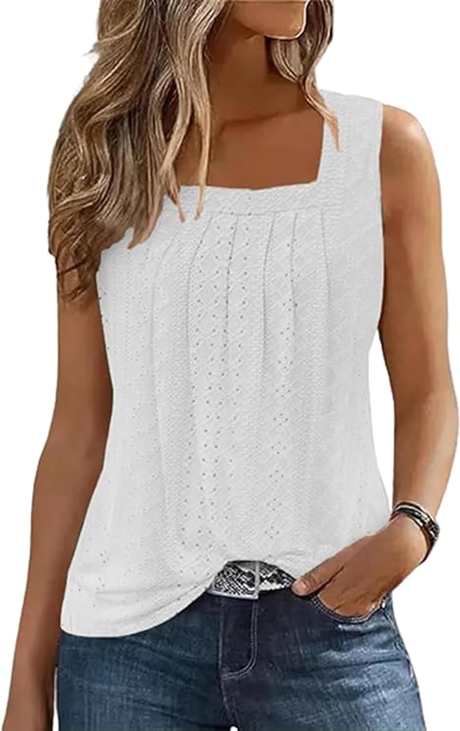 AIMITAG Färgblock veckad fyrkantig krage linne kvinnor randig tank t-shirt sommar ledig lös passform ärmlös skjorta