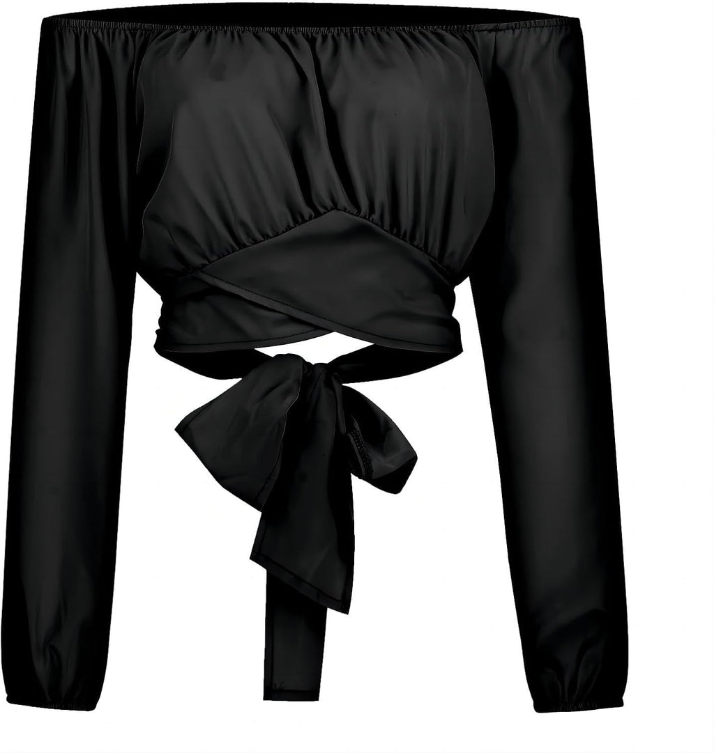 Off Shoulder Dam Crop Top Elegant Lanternärm Långärmad Rynkad Knytskärp Blus Sexy Shirt Semester Party Clubwear