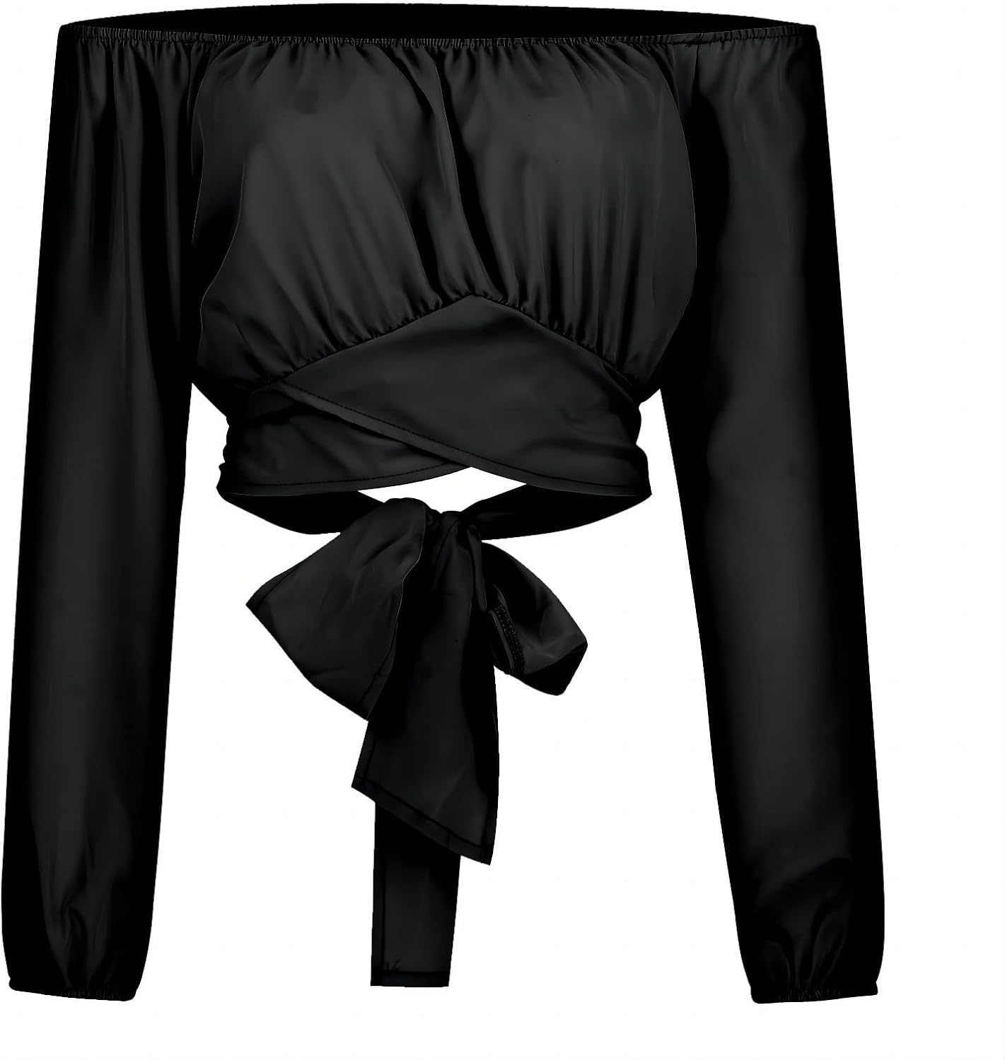 Off Shoulder Dam Crop Top Elegant Lanternärm Långärmad Rynkad Knytskärp Blus Sexy Shirt Semester Party Clubwear